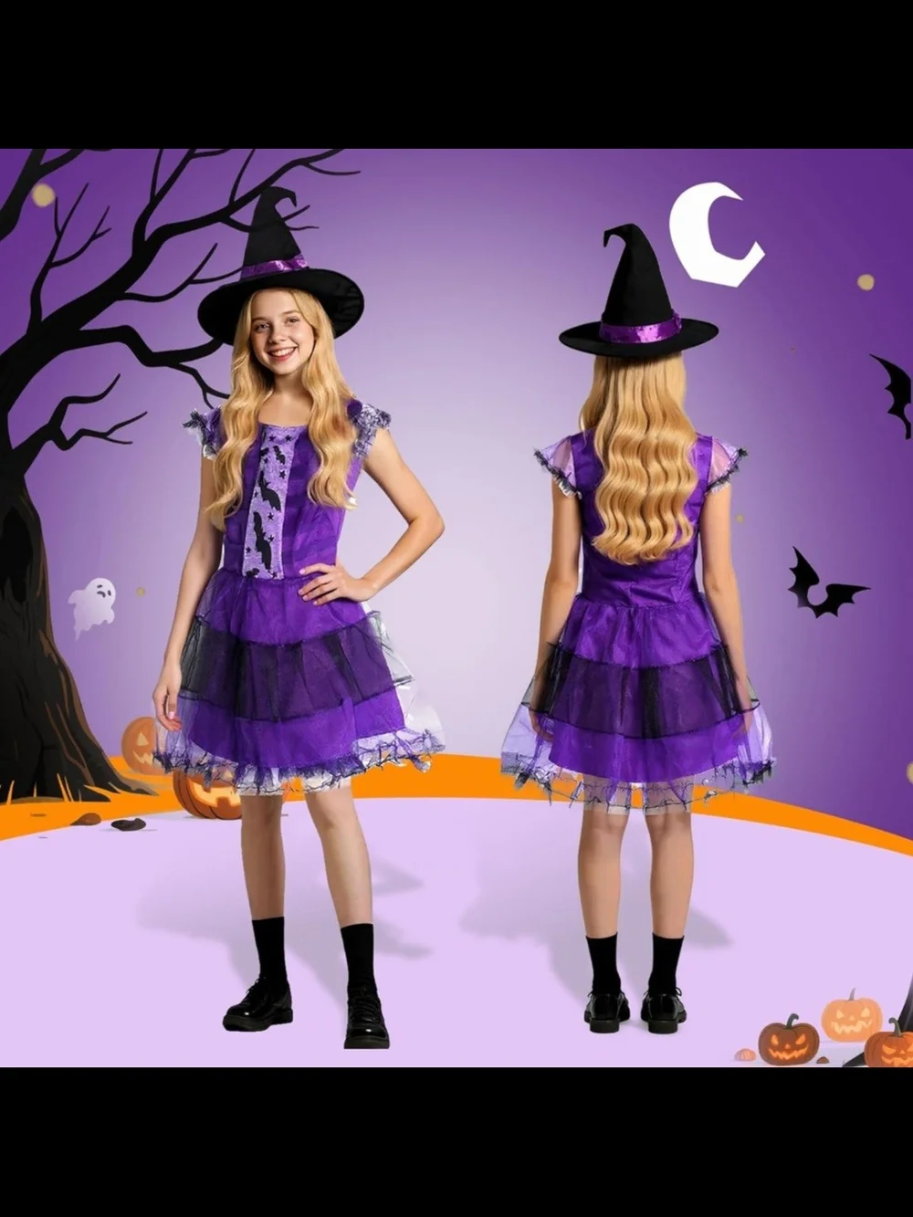 Kids Witch Halloween Costume Set Size M Purple Dress Hat & Broom